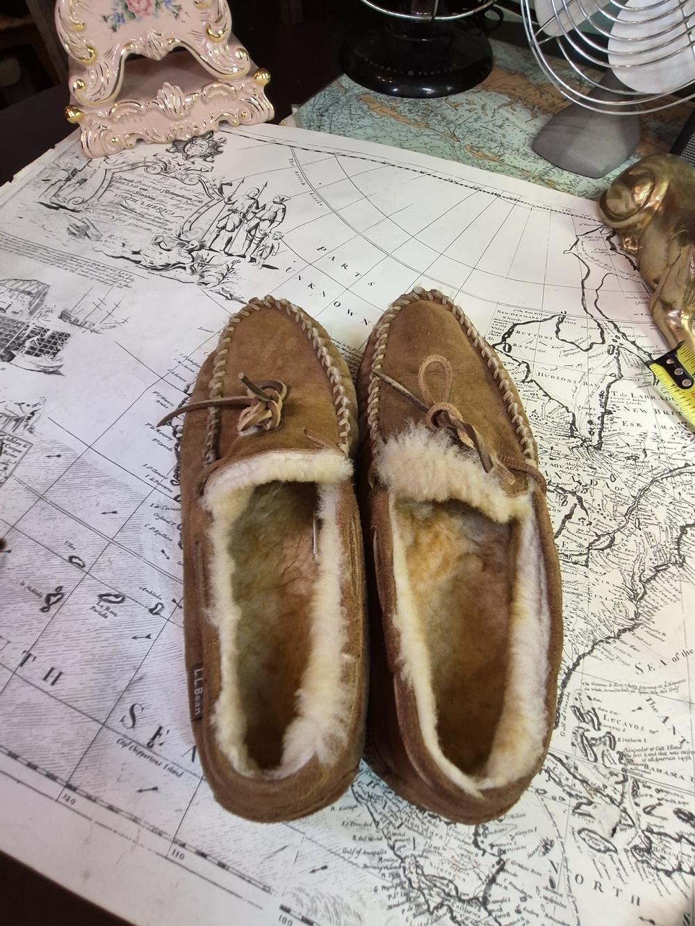 L.L. Bean Men's Chestnut Suede Shearling Moccasin Slippers